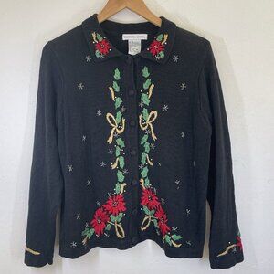 Vtg Victoria Jones Christmas Cardigan Sweater Black Embroidered Beaded Size S